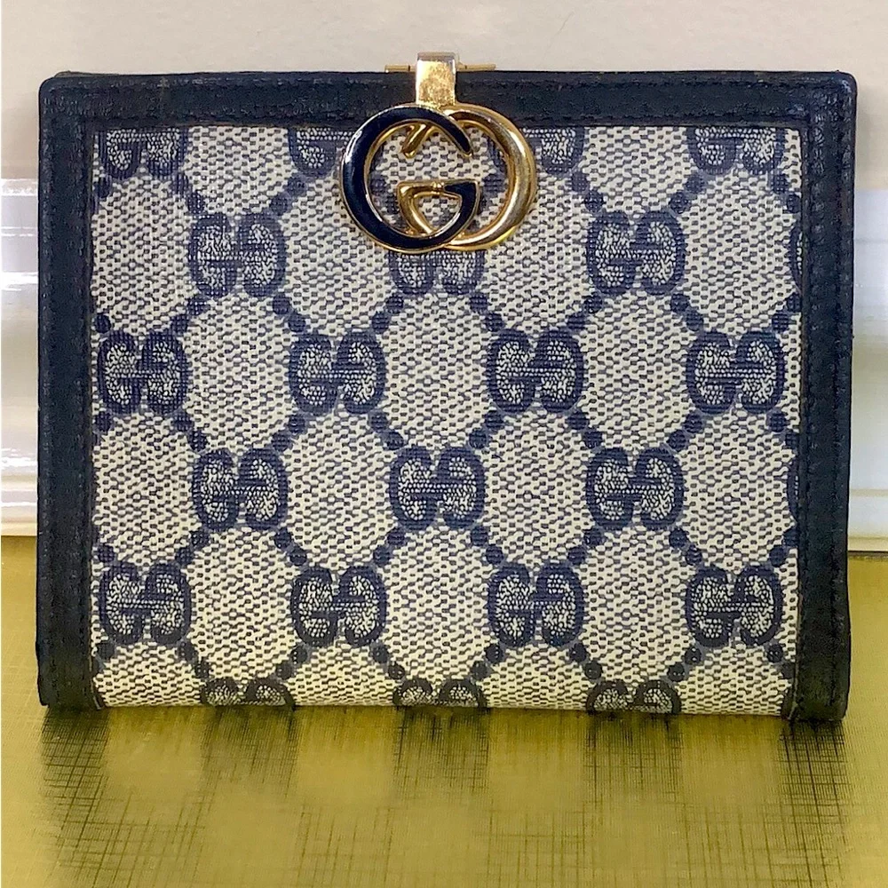 GUCCI GG Web Monogram Navy Blue Leather Coated Canvas Compact Bifold Wallet